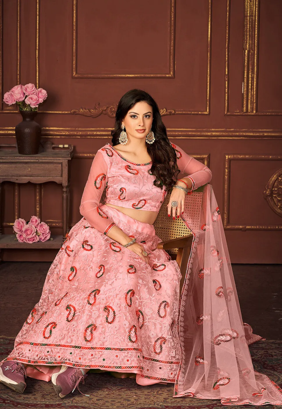 Embroidered Net Lehenga in Peach