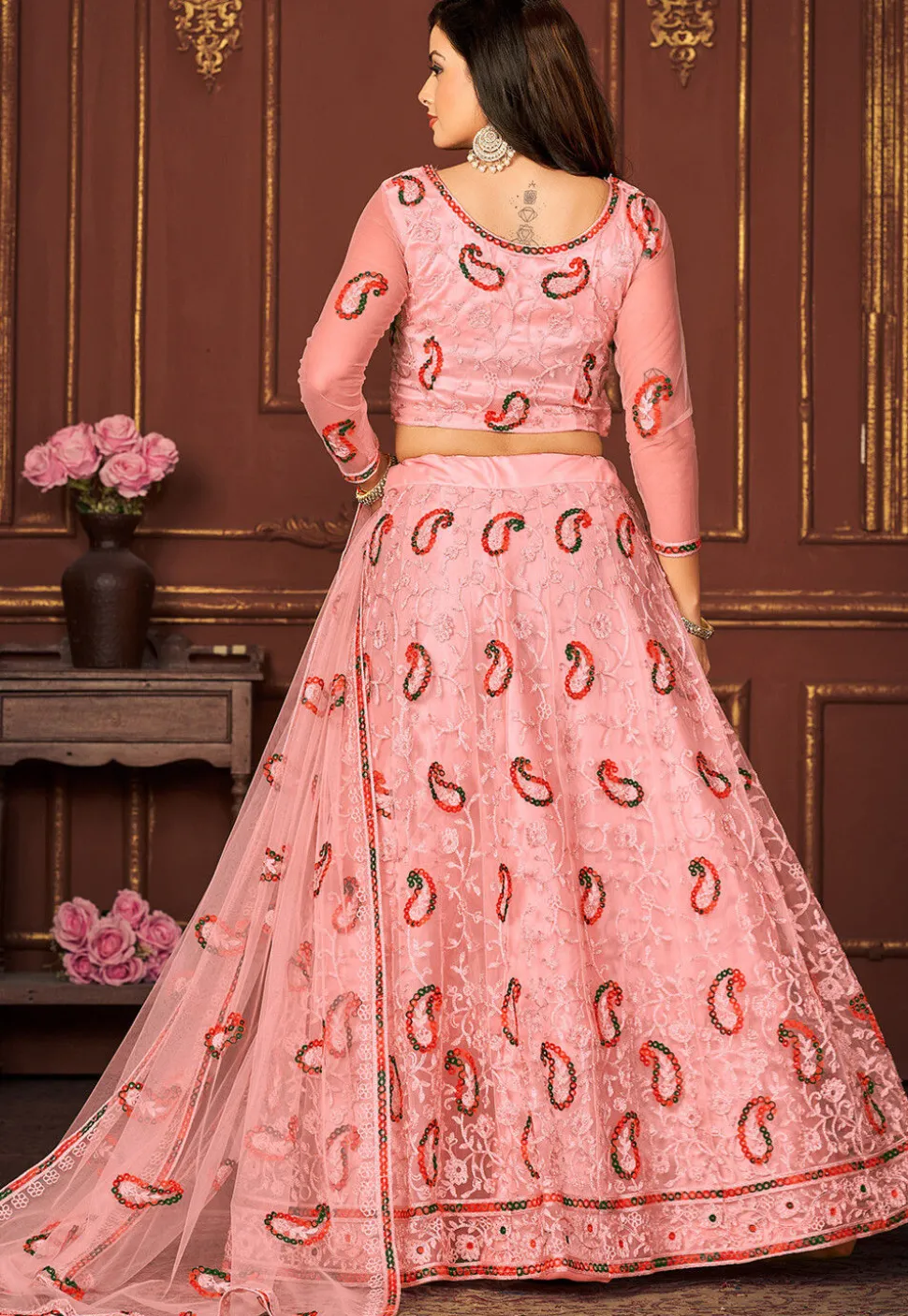 Embroidered Net Lehenga in Peach