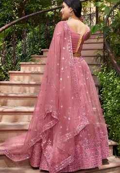 Embroidered Net Lehenga in Pink