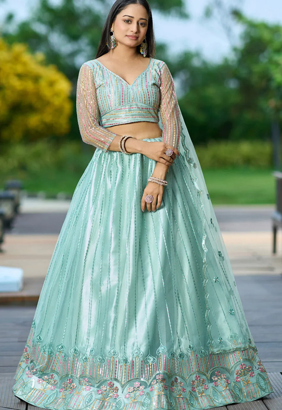 Embroidered Net Lehenga in Sea Green