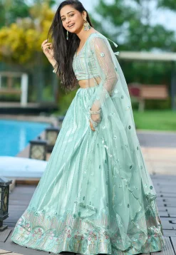 Embroidered Net Lehenga in Sea Green