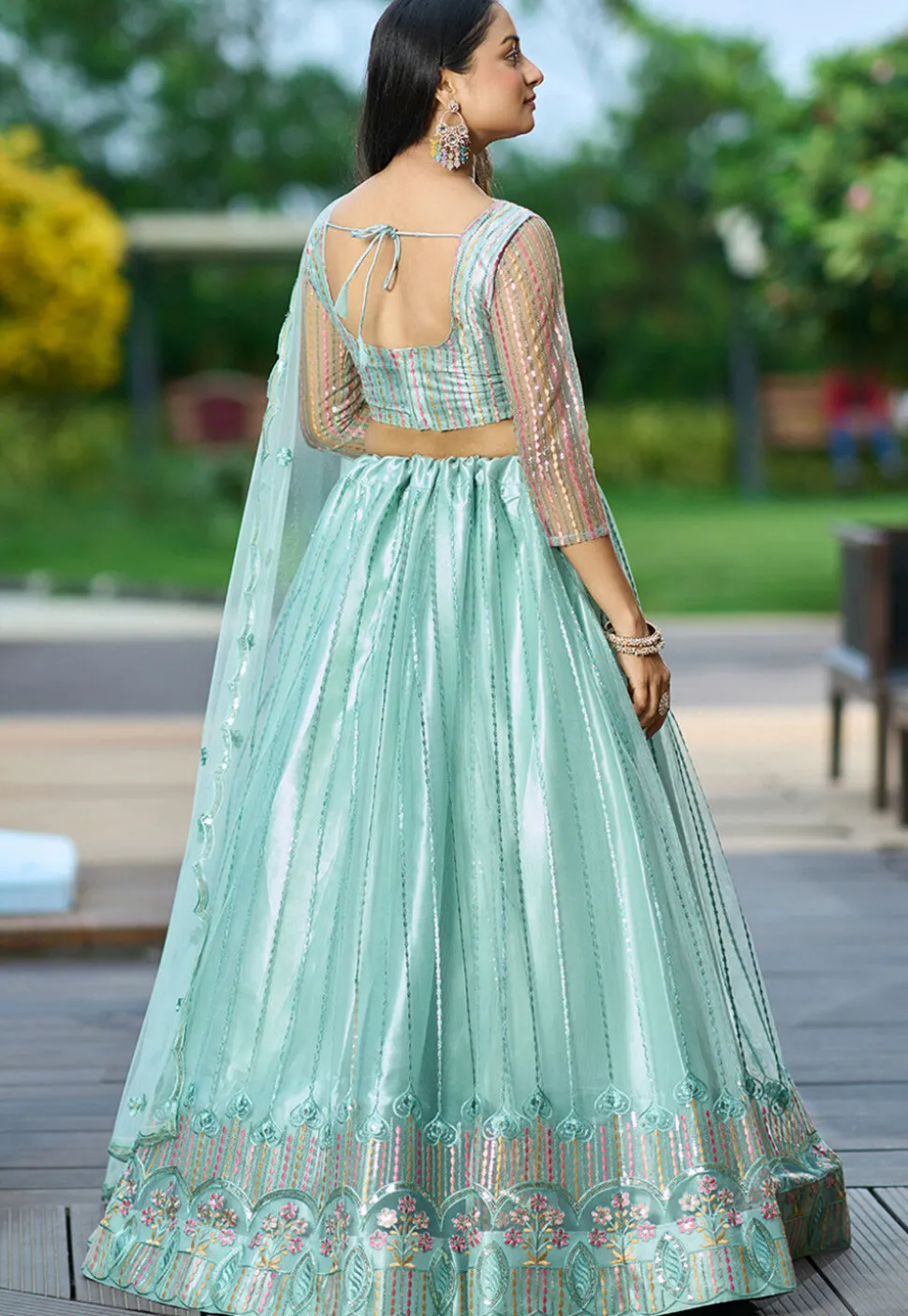 Embroidered Net Lehenga in Sea Green