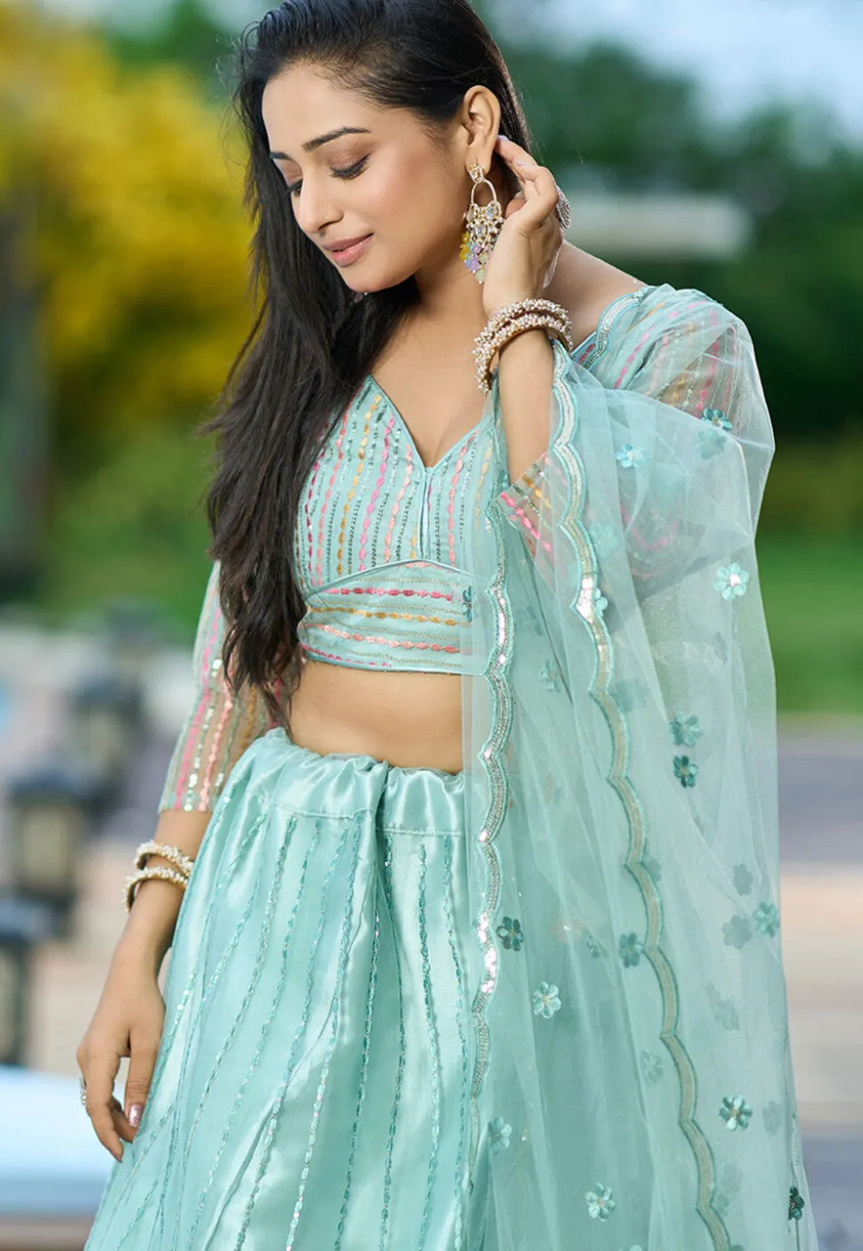 Embroidered Net Lehenga in Sea Green