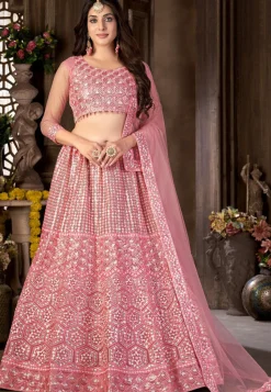 Embroidered Net Lehenga in Pink