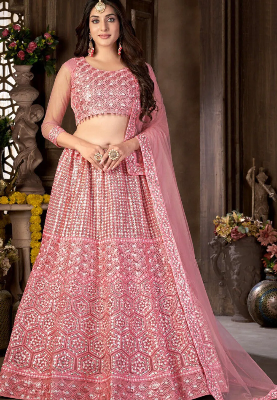 Embroidered Net Lehenga in Pink