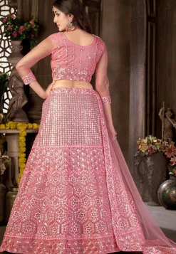 Embroidered Net Lehenga in Pink