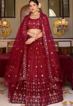 Embroidered Net Lehenga in Maroon