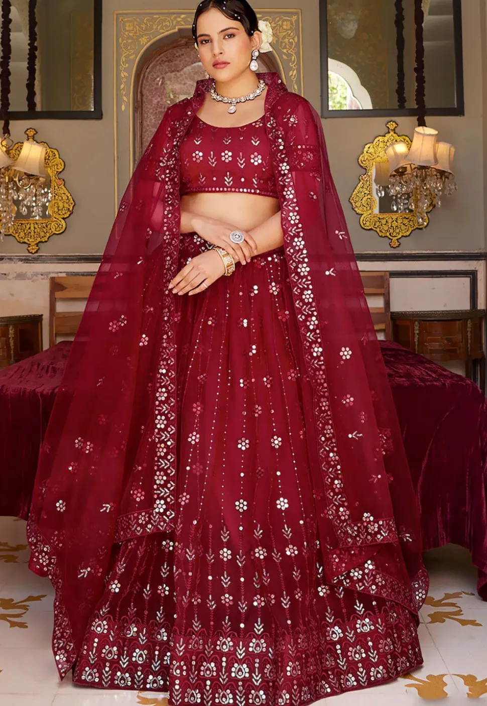 Embroidered Net Lehenga in Maroon