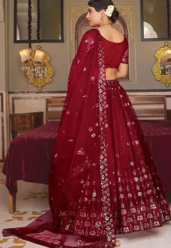 Embroidered Net Lehenga in Maroon