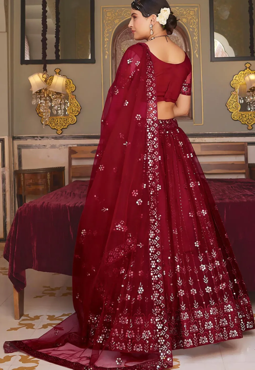 Embroidered Net Lehenga in Maroon