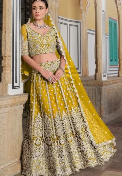 Embroidered Net Lehenga in Yellow