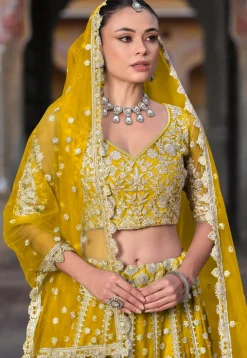 Embroidered Net Lehenga in Yellow