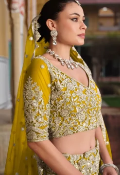 Embroidered Net Lehenga in Yellow