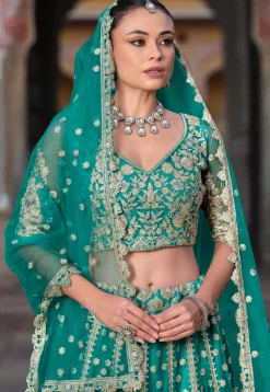 Embroidered Net Lehenga in Teal Blue