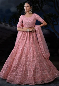 Embroidered Net Lehenga in Pink