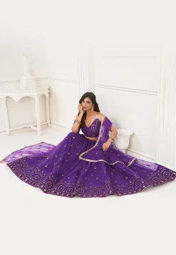 Embroidered Net Lehenga in Purple