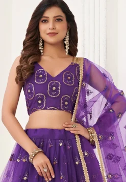 Embroidered Net Lehenga in Purple