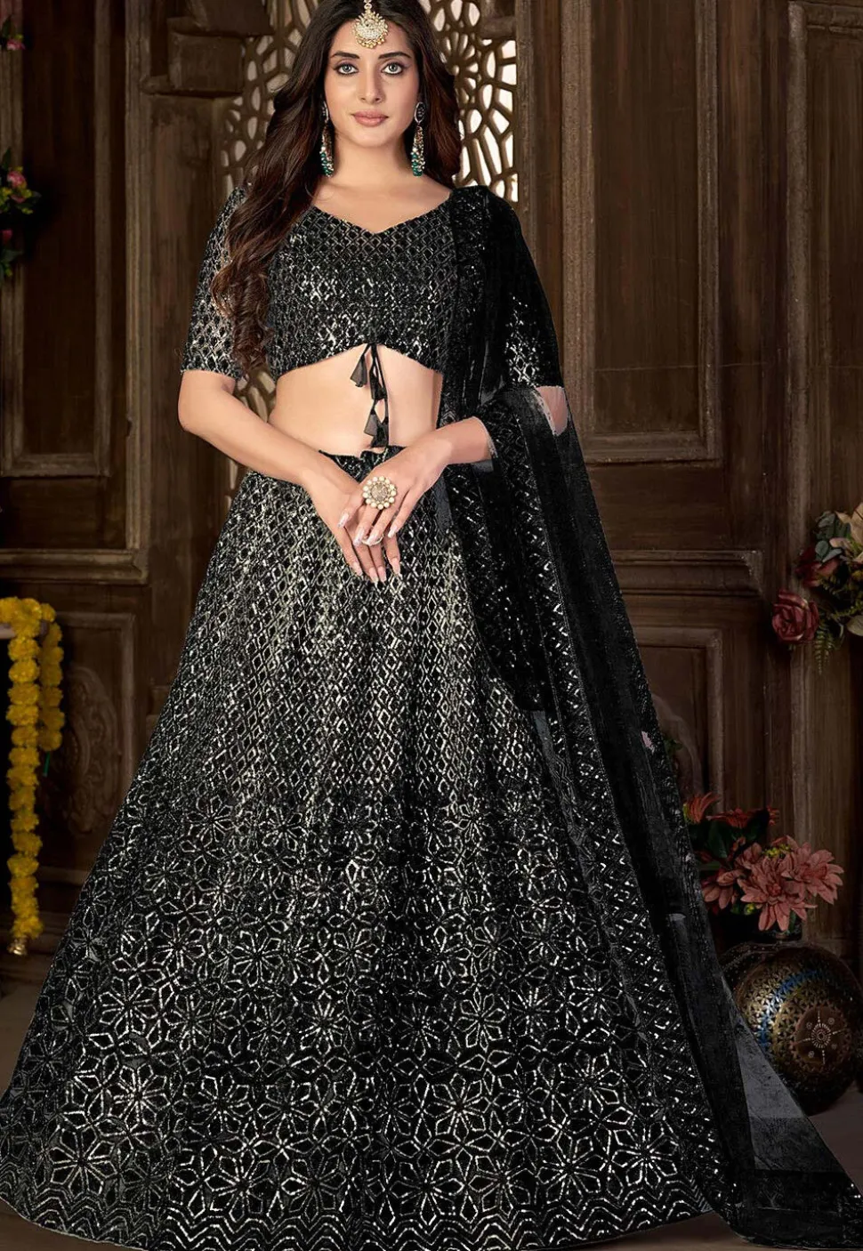Embroidered Net Lehenga in Black