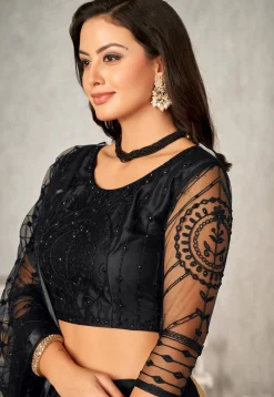 Embroidered Net Lehenga in Black