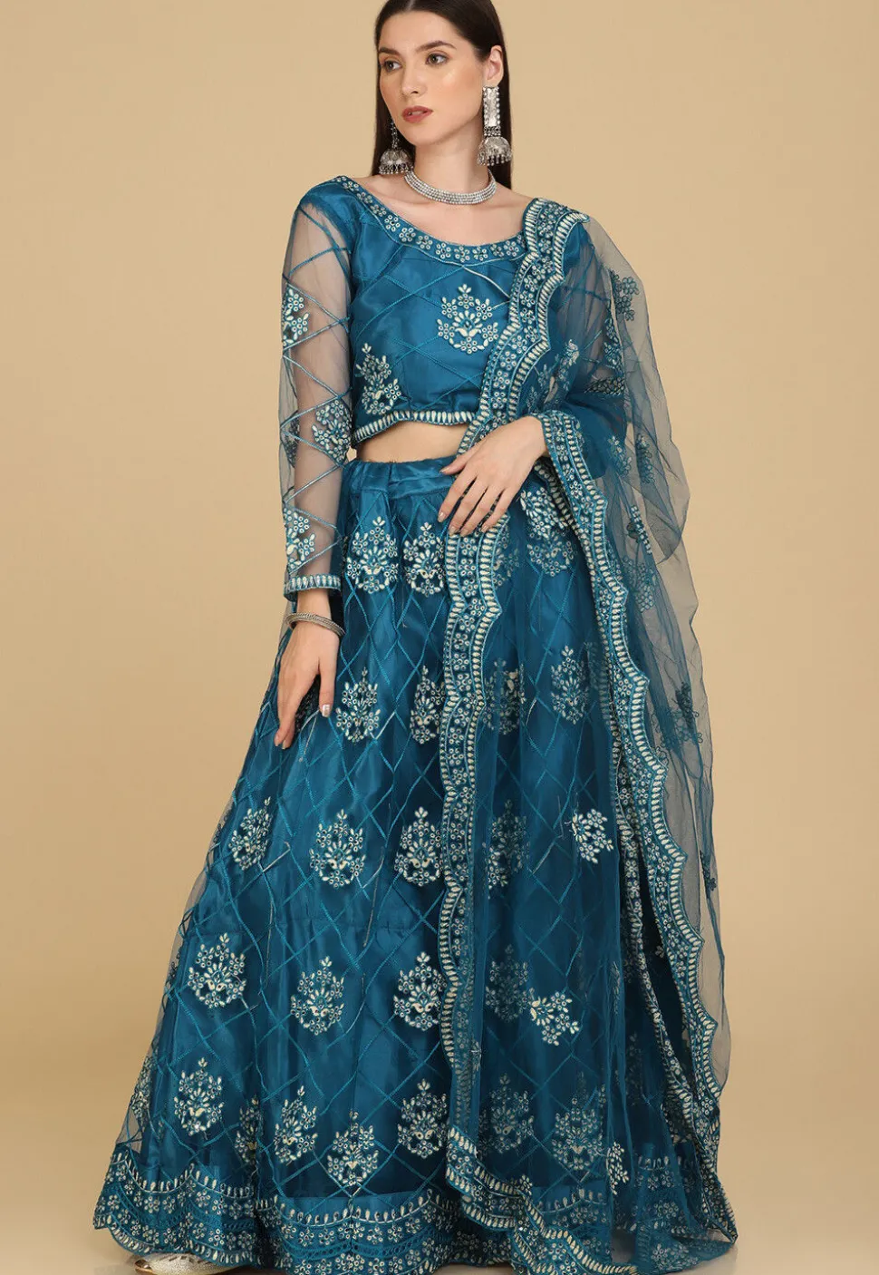 Embroidered Net Lehenga in Teal Blue