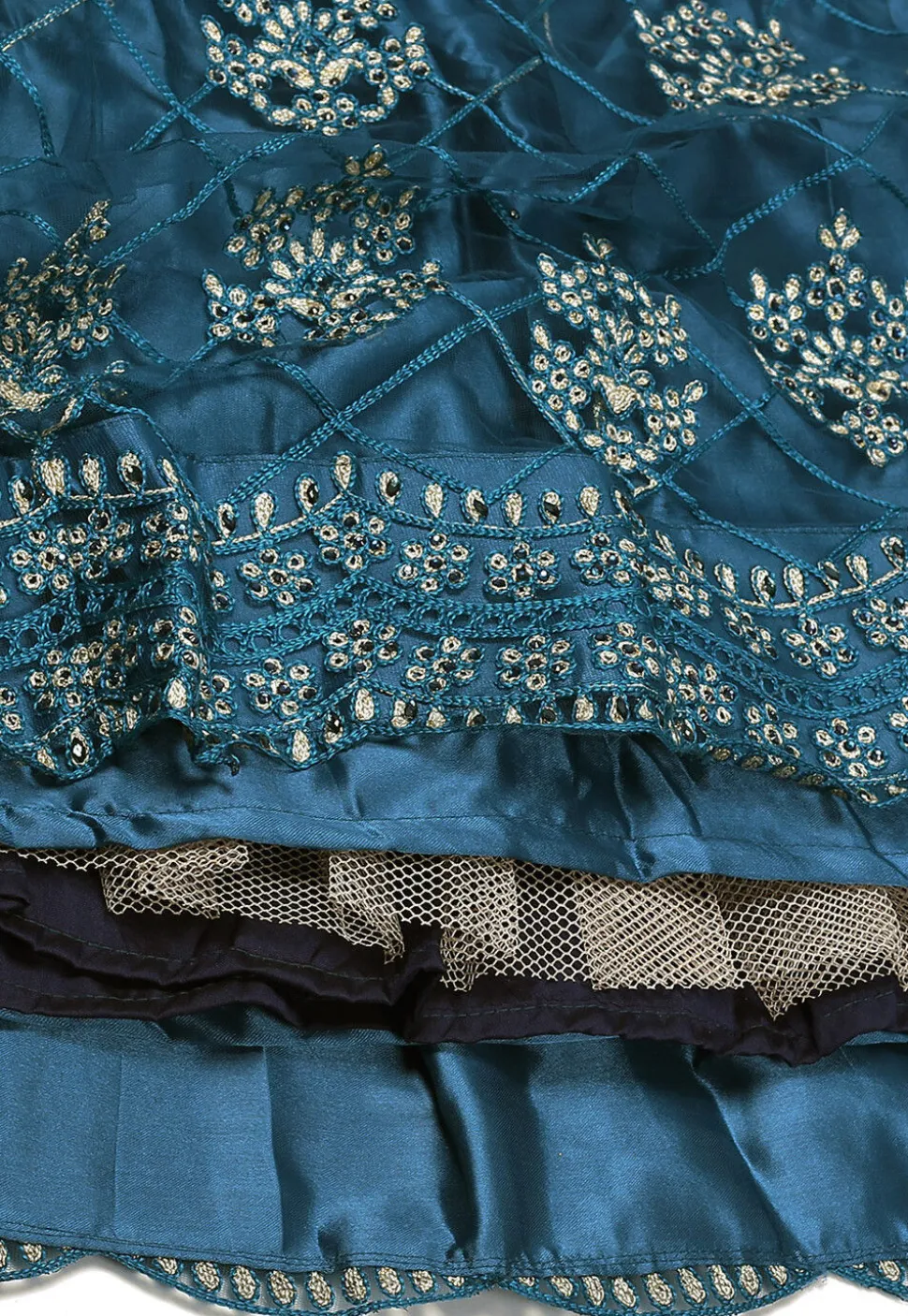 Embroidered Net Lehenga in Teal Blue