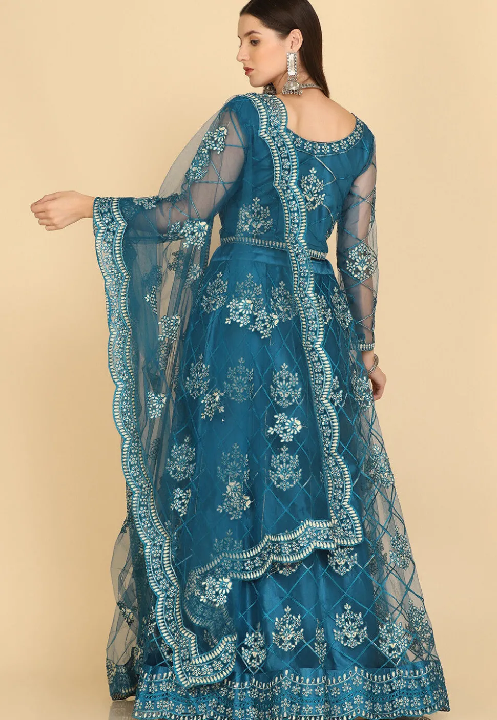 Embroidered Net Lehenga in Teal Blue