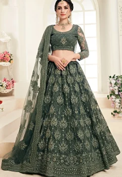 Embroidered Net Lehenga in Olive Green