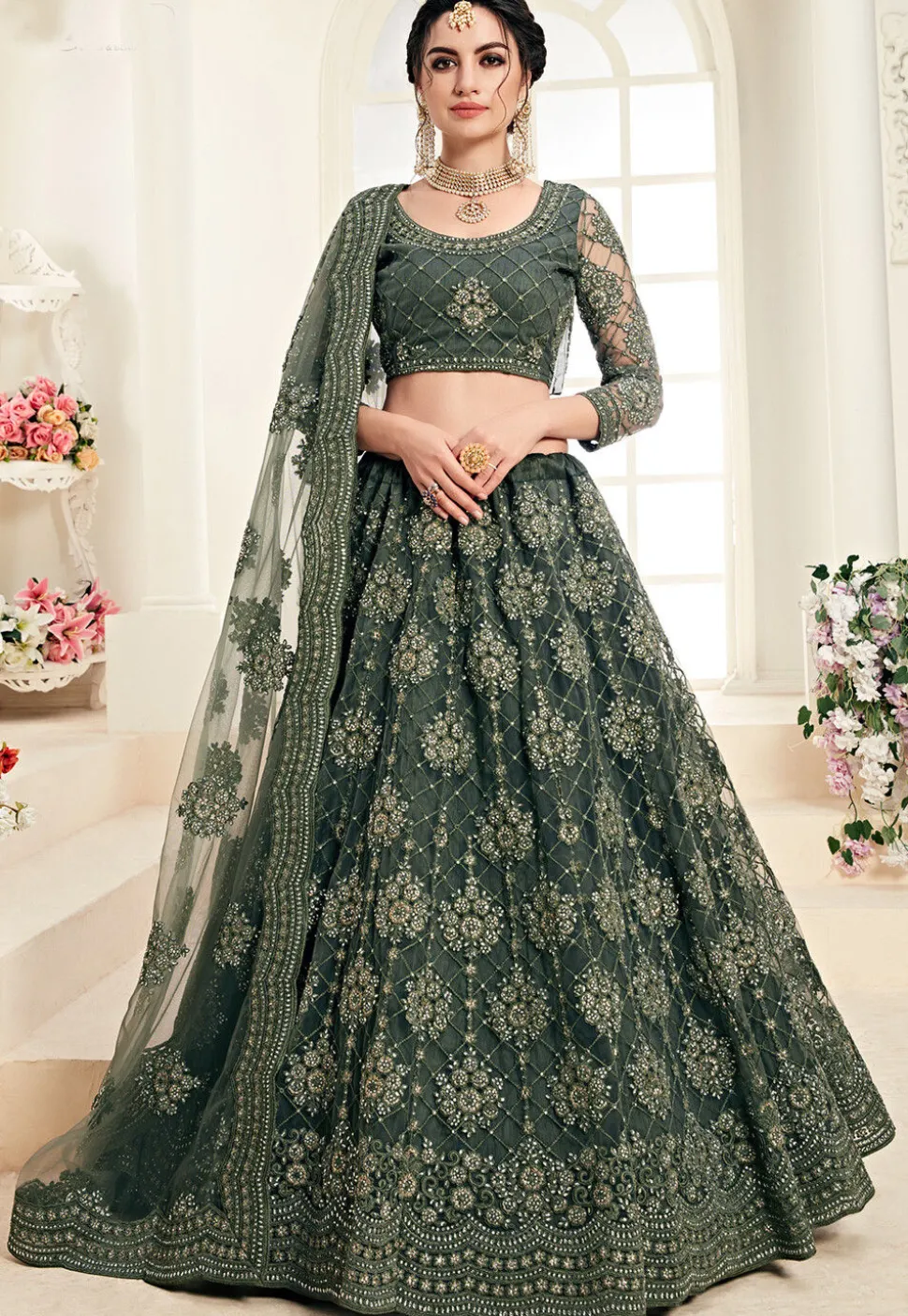 Embroidered Net Lehenga in Olive Green