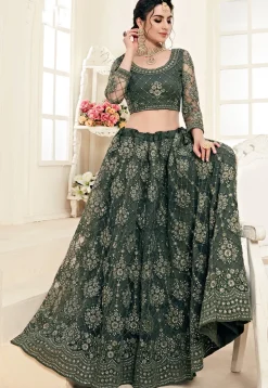 Embroidered Net Lehenga in Olive Green