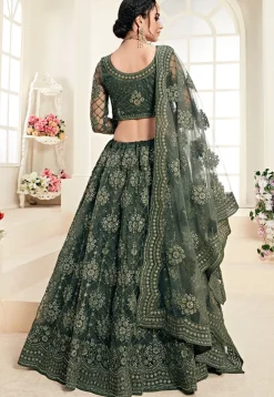 Embroidered Net Lehenga in Olive Green
