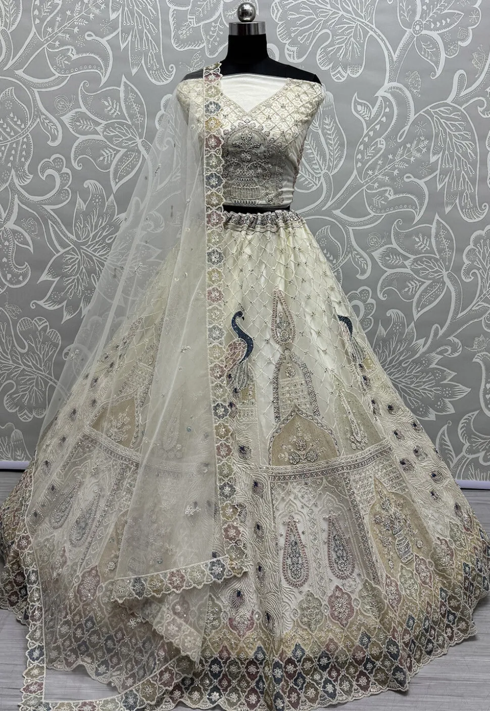 Embroidered Net Lehenga in Off White