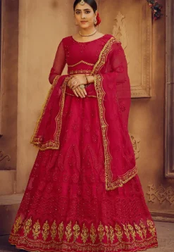 Embroidered Net Lehenga in Pink