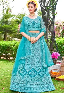 Embroidered Net Lehenga in Sky Blue