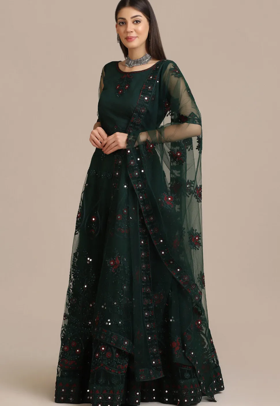 Embroidered Net Lehenga in Dark Green