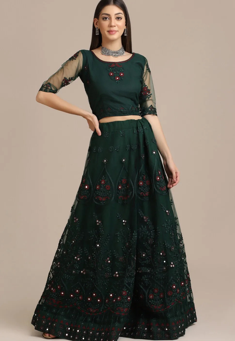 Embroidered Net Lehenga in Dark Green