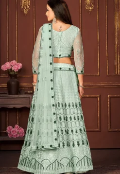 Embroidered Net Lehenga in Sea Green