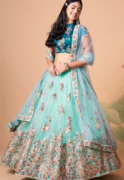 Embroidered Net Lehenga in Sea Green