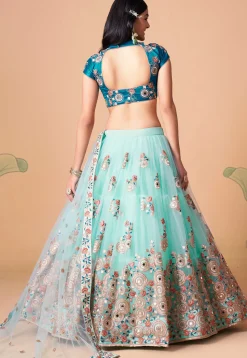 Embroidered Net Lehenga in Sea Green
