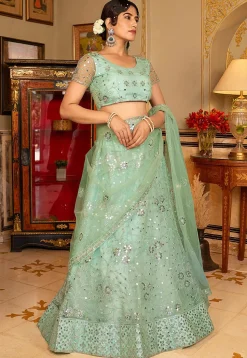 Embroidered Net Lehenga in Sea Green