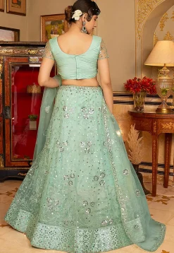Embroidered Net Lehenga in Sea Green