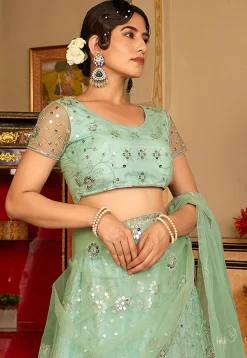 Embroidered Net Lehenga in Sea Green