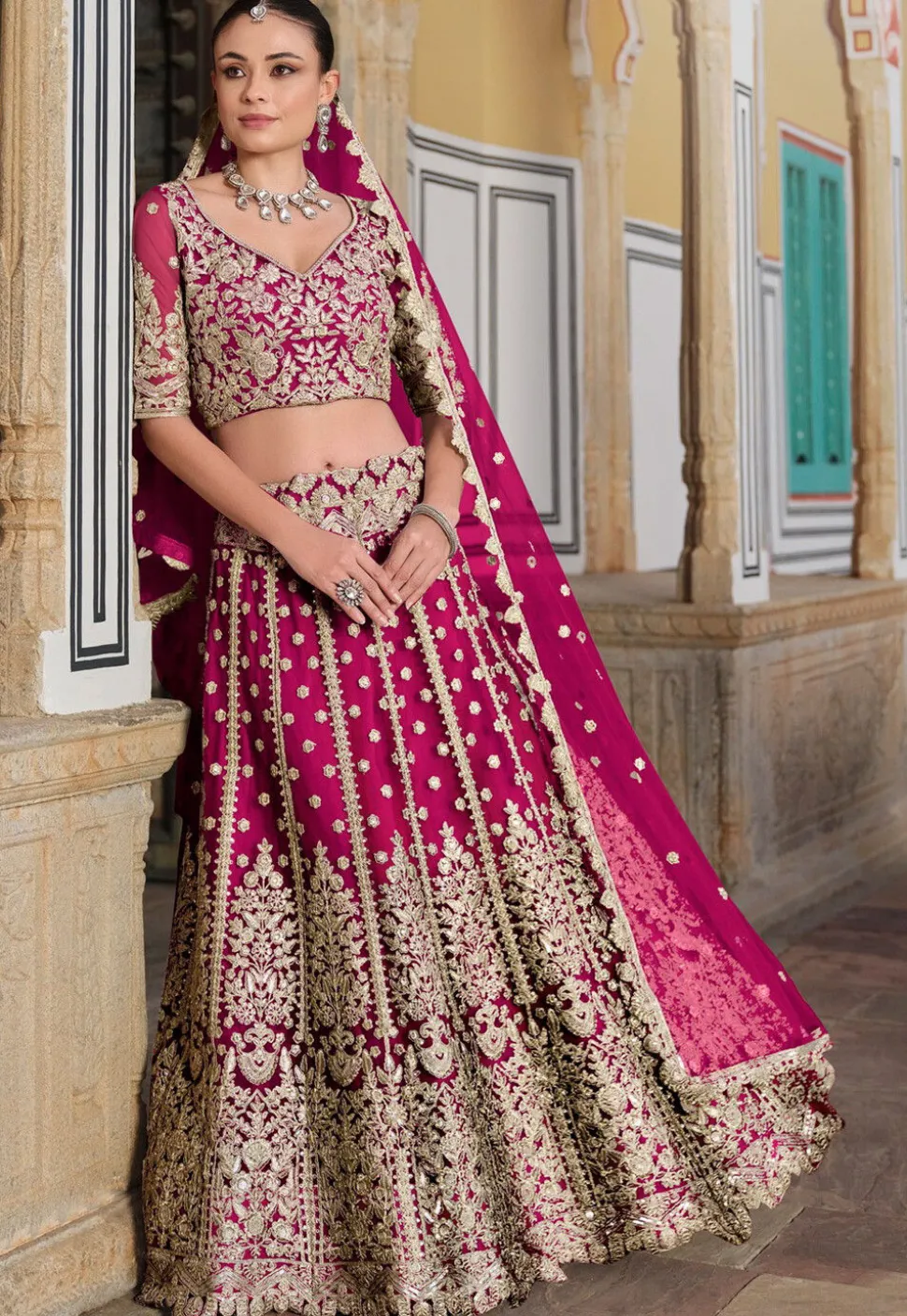 Embroidered Net Lehenga in Pink