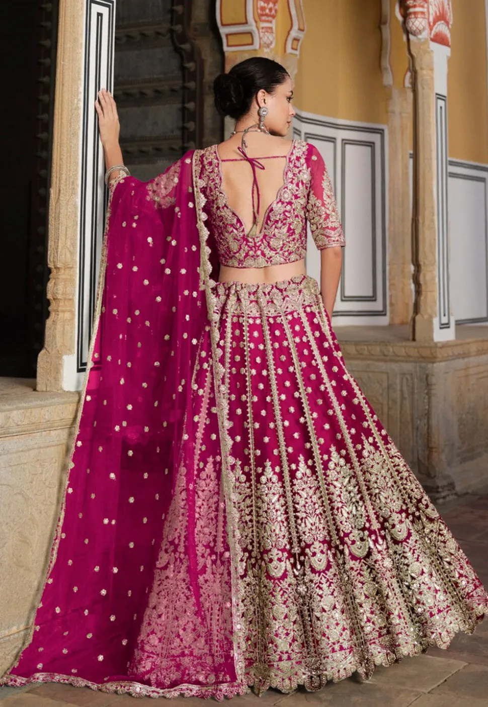Embroidered Net Lehenga in Pink