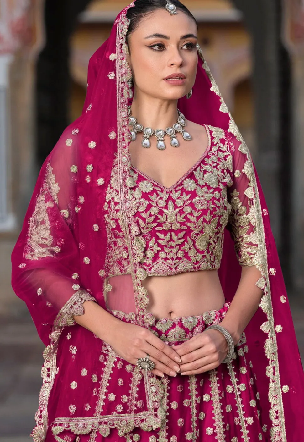 Embroidered Net Lehenga in Pink