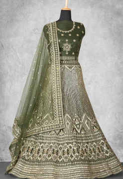 Embroidered Net Lehenga in Olive Green