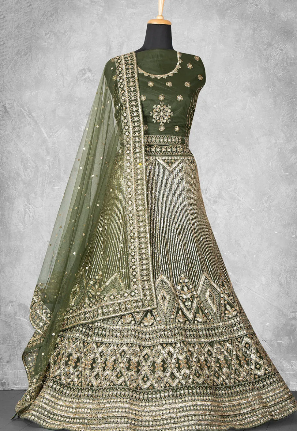 Embroidered Net Lehenga in Olive Green