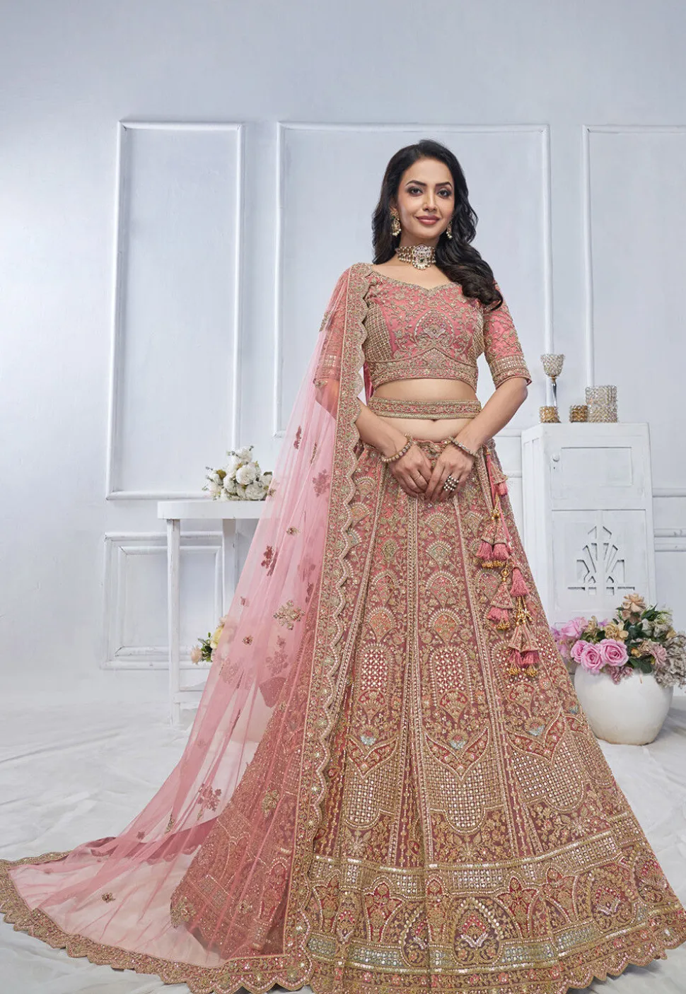 Embroidered Net Lehenga in Pink