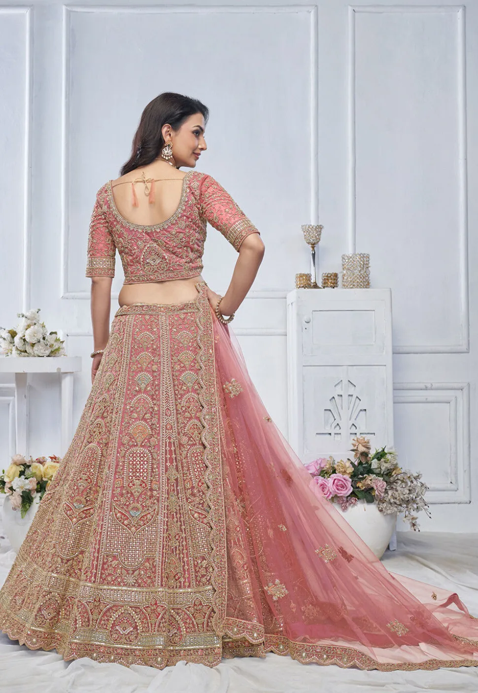 Embroidered Net Lehenga in Pink