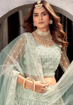 Embroidered Net Lehenga in Sea Green