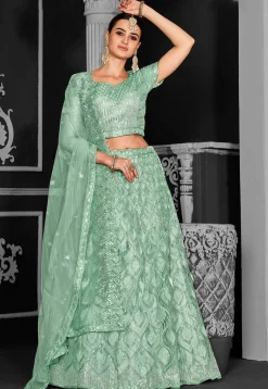 Embroidered Net Lehenga in Light Green